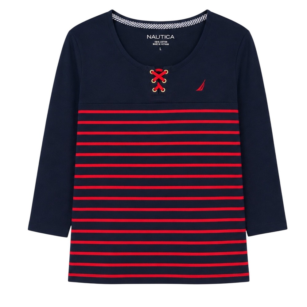 Nautica Womens Navy Red Striped Lace Up Cotton Knit Top Size Large‎